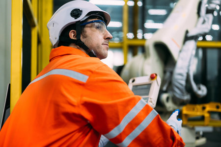 Professional engineer checking and repairing parts of automatic robotic arm