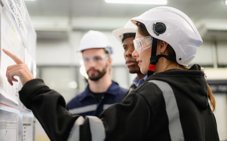 Technician engineer team checking and repairing part of automatic machineの写真素材