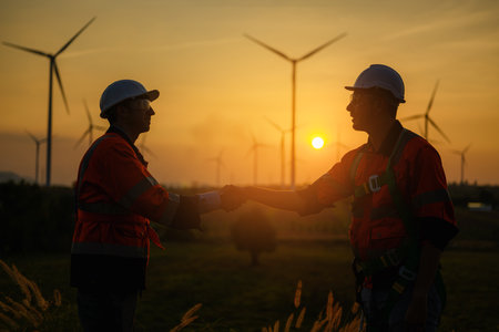 Professional engineer technician working with teamwork at wind turbine fieldの写真素材
