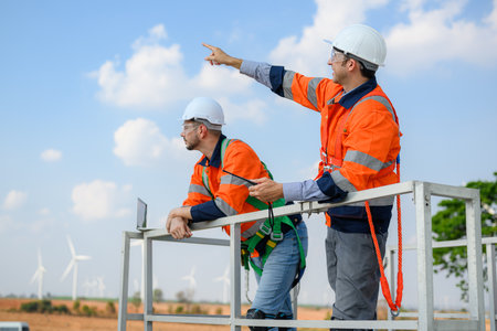 Professional engineer technician team working at wind turbine farm fieldの写真素材