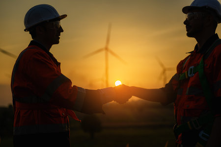 Professional engineer technician working with teamwork at wind turbine fieldの写真素材