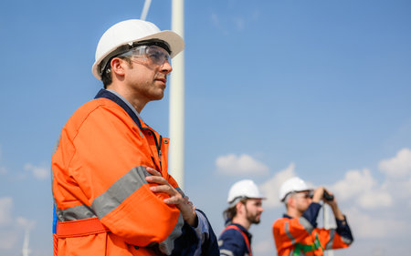 Maintenance engineer technician team working outdoor at wind turbine fieldの写真素材