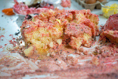 Close up of cake and cookie dirty in kitchenの写真素材