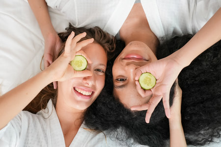 Two young attractive women in white bathrobes making facial maskの写真素材