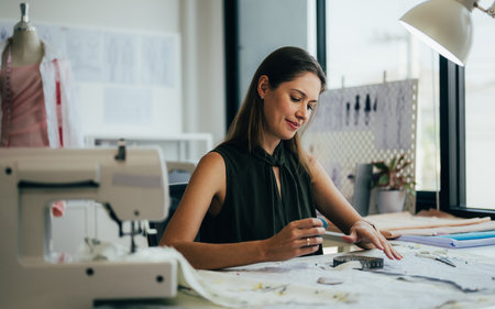 Beautiful woman dressmaker working in workshop studioの写真素材