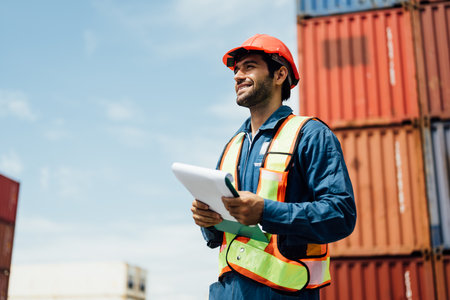 Warehouse engineer worker working at industrial container yardの写真素材