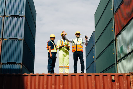 Warehouse engineer worker working at industrial container yardの写真素材
