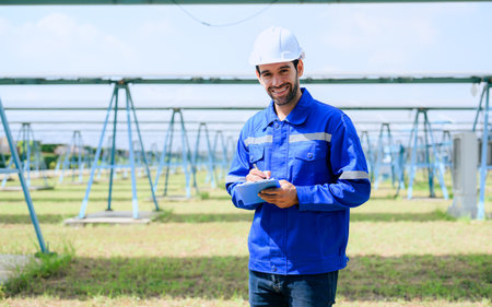 Workers installing solar panels, Engineer team at solar panel farmの写真素材