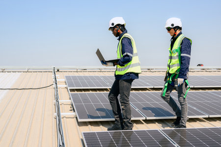 Professional engineer technician with safety helmet checking systemの写真素材