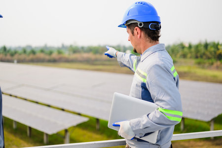 Maintenance technician working on ecological solar cell farmの写真素材