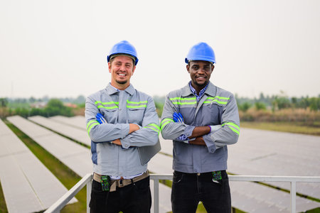 Maintenance engineer checking and maintaining solar panels on solar cell farm