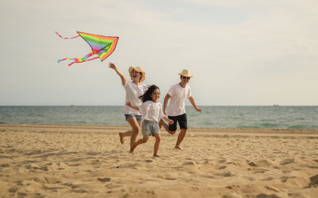 Happy family travel on beach, Family with beach travel on summer vacationの写真素材