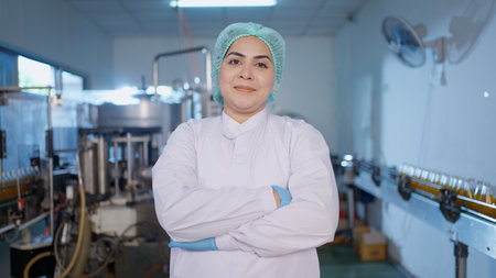 Smiling portrait of factory worker specialist working at factory