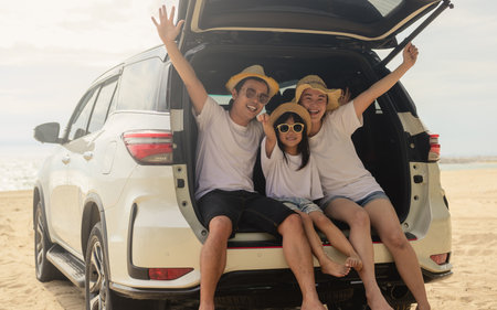 Happy family having fun on beach, Family travel on summer vacation