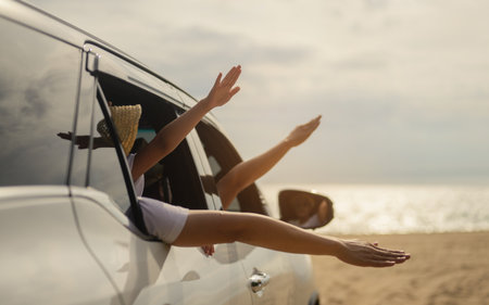Happy family having fun on beach, Family travel on summer vacationの写真素材