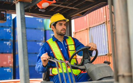 Industrial warehouse foreman working at overseas shipping container yardの写真素材