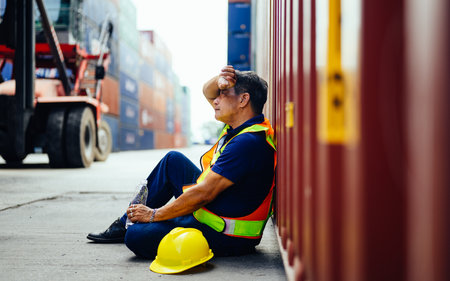 Tired industrial logistic worker working at overseas shipping container yardの写真素材