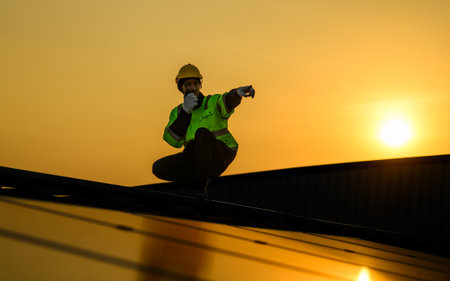 Engineer working at solar cell farm power plant with sunset in eveningの写真素材