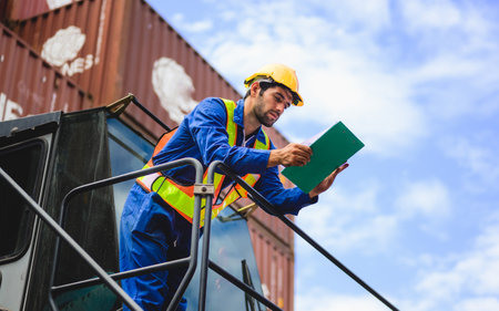 Industrial engineer worker working at overseas shipping container yardの写真素材