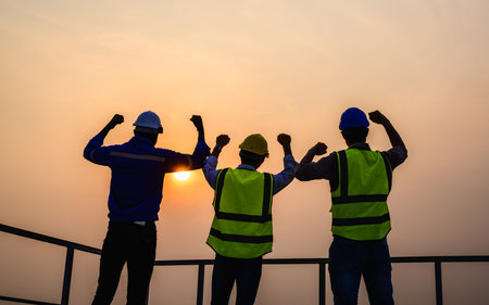 Engineer team checking and maintaining solar panels on solar power plantの写真素材