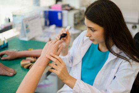 Technician making and checking prosthetic limb at prosthetic workshopの写真素材