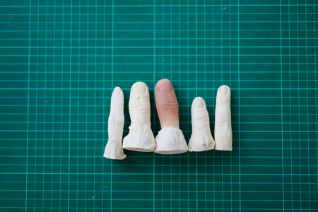 Parts of artificial silicone fingers prosthetic in prosthetic workshopの写真素材