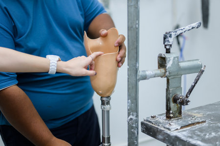 Prosthetic technician holding prosthetic leg checking and controllingの写真素材