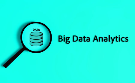 Big data analytics text with magnifier on blue backgroundの写真素材