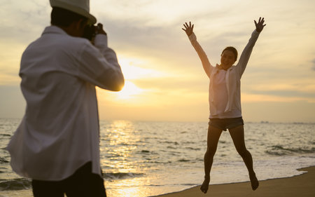 Happy family spending vacation time together on beach, Family with beach travelの写真素材