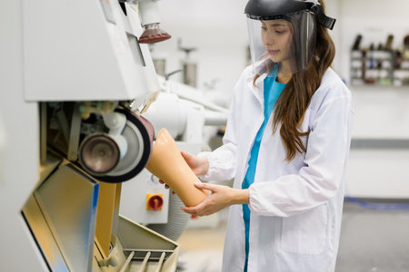 Technician making prosthetic limb using grinder to smooth socketの写真素材