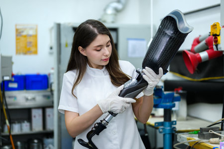 Prosthetic technician holding prosthetic leg checking and controllingの写真素材