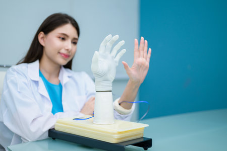 Female technician checking and controlling artificial prosthetic handの写真素材