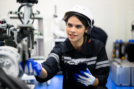 Professional female engineer with robotic machine at factory