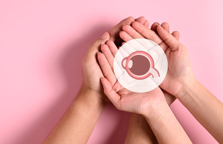 People holding virtual eye icon on hands with abstract backgroundの写真素材