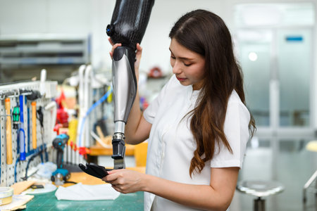 Female technician assembling and fixing parts of modern prosthetic legの写真素材