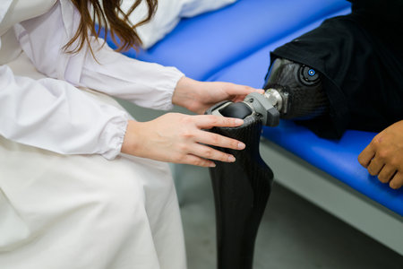 Female physician checking prosthetic leg of patient in hospitalの写真素材