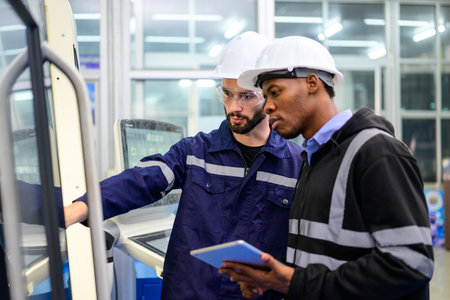 Technician engineer team checking and repairing part of automatic machine