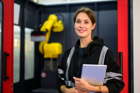 Smiling portrait of beautiful technician checking machine at factoryの写真素材