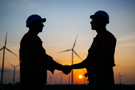 Engineers technicians working with teamwork at wind turbine field
