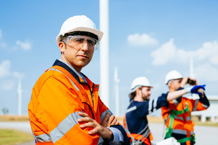 Professional engineers technicians working at wind turbine farm fieldの写真素材