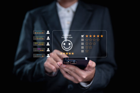 Customer review satisfaction feedback survey concept. User give rating to service experienceの写真素材