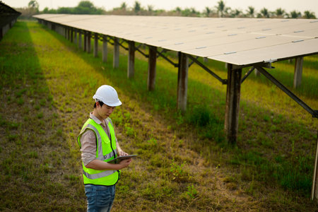 Maintenance engineer installing solar panels on solar cell farmの写真素材