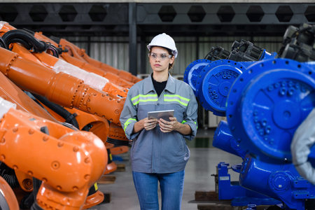 Maintenance engineer worker working with robotic machine automation