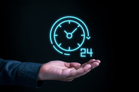 Hands with symbol of on worldwide 24 7service, Worldwide nonstopの写真素材