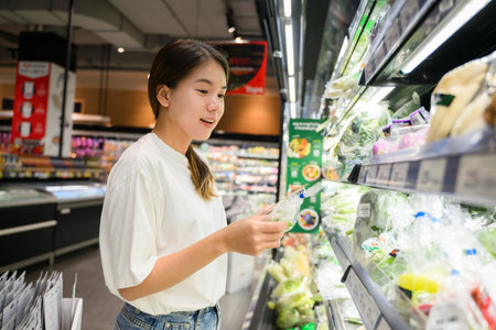 Young adult woman using phone in grocery storeの写真素材