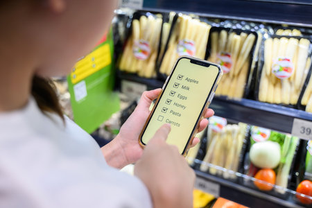 Young adult woman using phone in grocery storeの写真素材