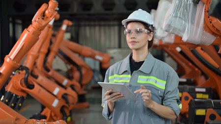 Maintenance engineer worker working with robotic machine at factoryの写真素材