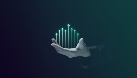 People holding virtual business graph growth with arrow upの写真素材