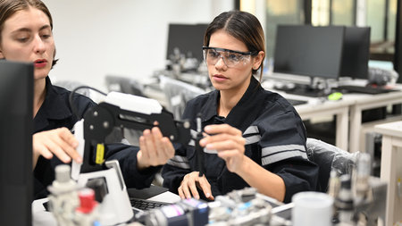 Industrial technicians working with machine maintenance