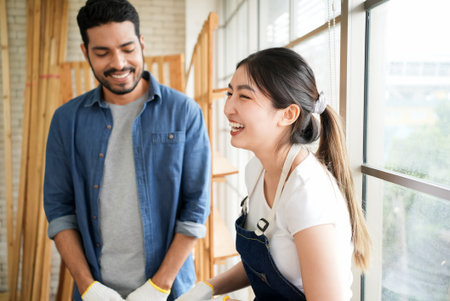 Professional carpenter with handicraft working in carpentry shopの写真素材